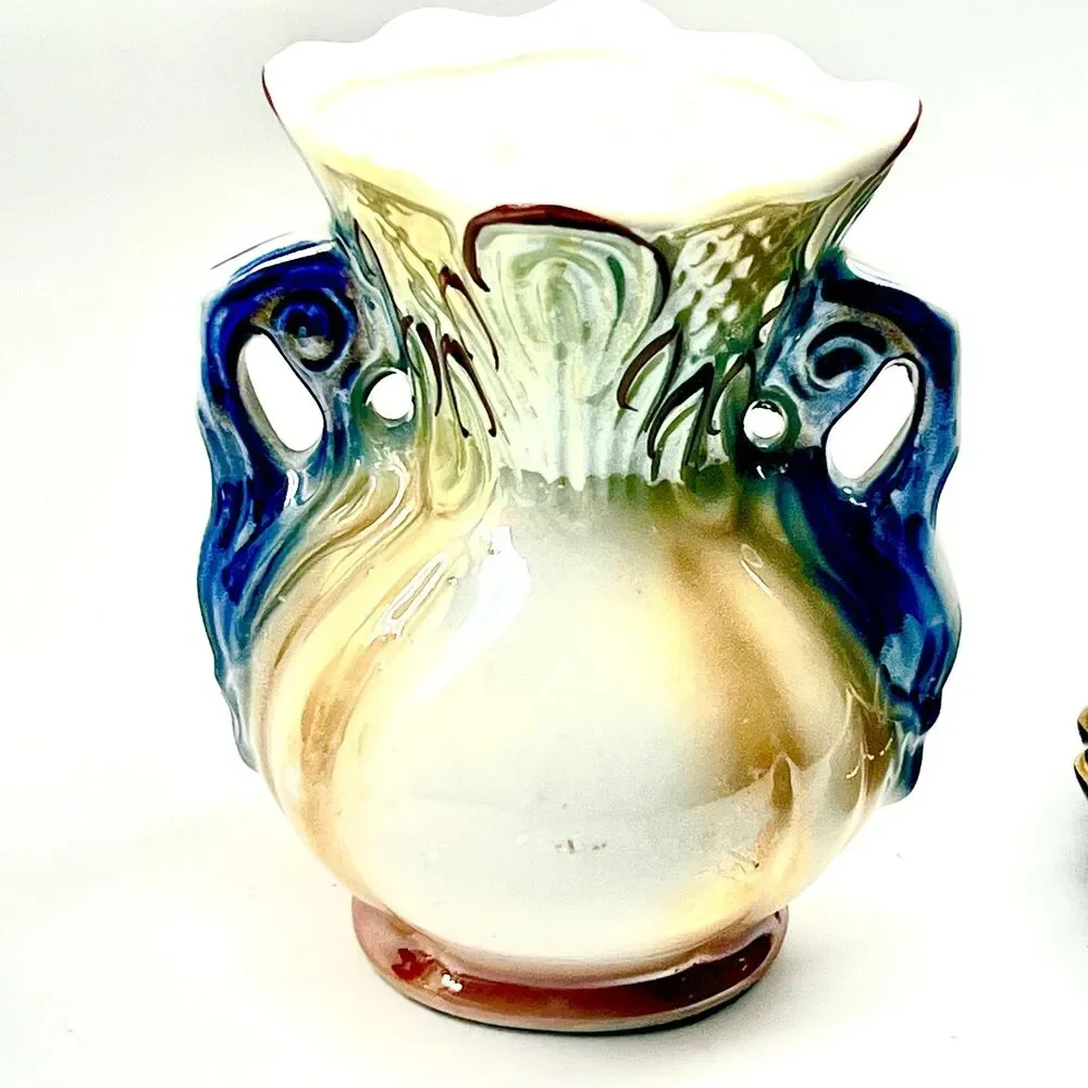 Vintage Iridescent Ceramic Flower Vase RARE w/Base/Plate - Hand-Painted #422